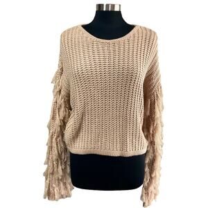 Saint Secrets Chunky Rib Knit Cropped Sweater Fringe Sleeve SM Boho Hippie Gypsy